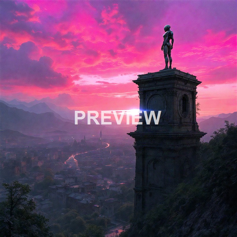 A tall monument with a statue of a human figure on top, overlooking a cityscape at sunset with pink and purple clouds in the sky.